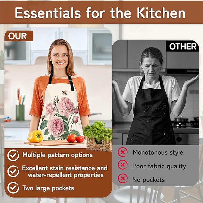 Apron with Pockets for Women, Adjustable Kitchen Cooking BBQ Chef Apron, Gifts for Mom Birthday, or Holidays
