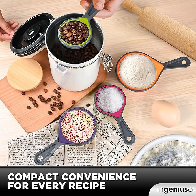 Collapsible Measuring Cups and Nesting Spoons - Adjustable Silicone for Cooking, used for Liquid and Dry Kitchen Items - Portable Portion Control, Dog Food, Kids, Travel, Camper, Space-Saving - 2 Sets