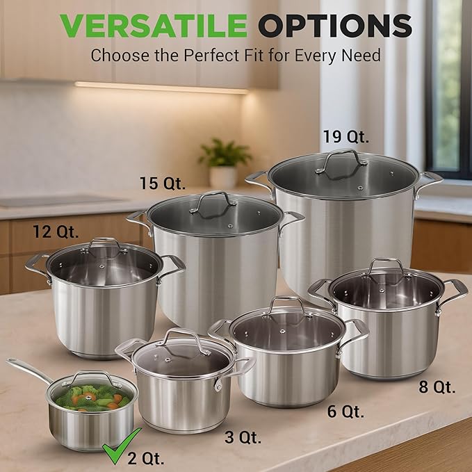 NutriChef 2 Quart Stainless Steel Pot with Lid - Heavy Duty Saucepan with Ergonomic Handles, For All Cooktops