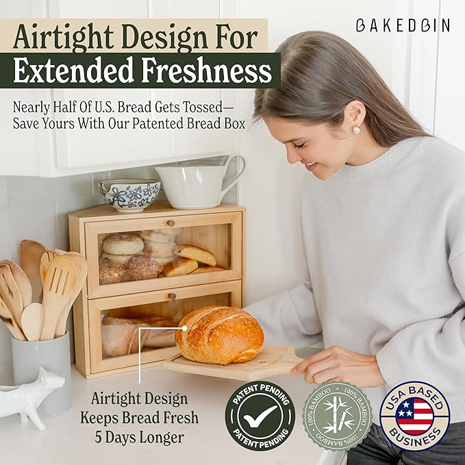 Corner Bread Box for Kitchen Countertop - New 2025 Design, Vintage Bamboo Wooden BreadBox, Large, Double Layer Storage for Homemade Bread, Sourdough, Panera, Under Cabinet Organizer