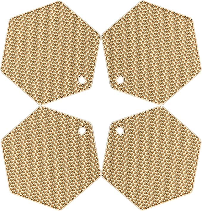 4 Packed Silicone Trivet Mats - DIY Different Size Dish Drying Mat, Hot Pot Holder for Pots & Pans, Non-Slip & Heat Resistant Kitchen Hot Pads for Countertops & Table, Beige