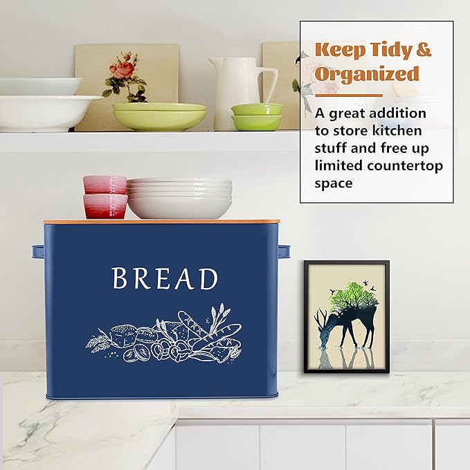 E-far Bread Box for Kitchen Countertop, Metal Bread Storage Container Bin with Bamboo Lid for Cutting Bread, Extra Large & Farmhouse Style, 13” x 7.2” x9.8”, Navy Blue