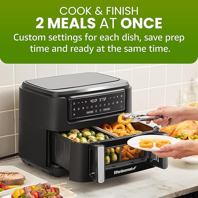 Elite Gourmet EAF1055D Dual Zone Air Fryer Oven, 11QT. Capacity with Divider, Sync Finish, Dishwasher Safe Basket, 10 Preset Functions, 1600-Watts, with Recipe Booklet, Black