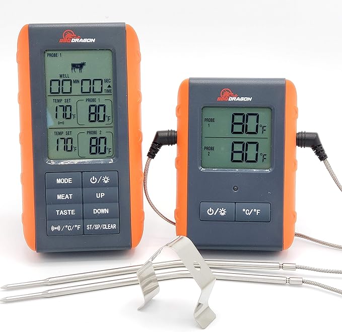 BBQ Dragon Instant Read Grill Thermometer - Wireless Meat Thermometer, Smoker Thermometer, 2 Probes, BBQ Temperature Probe, Meat Thermometer for Grill, Oven Safe