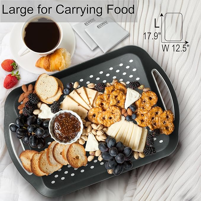 Larger Nonslip Food Serving Tray, 17.9'' x 12'' Grippy Handles Surface Bottom Design, Perfect Trays for Eating, Lap, TV, Couch, Black & White, Set of 2