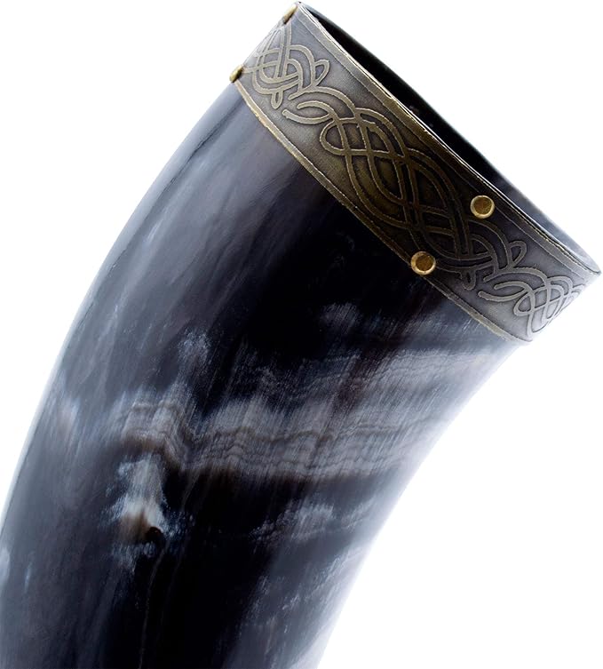 Norse Tradesman Genuine 12" Ox-Horn Viking Drinking Horn with Antique Brass Rim & Wolf Tip, Brown Leather Belt Holster, Fitted Stand & Burlap Gift Sack - The Fenrir, 12-Inches, High Polish