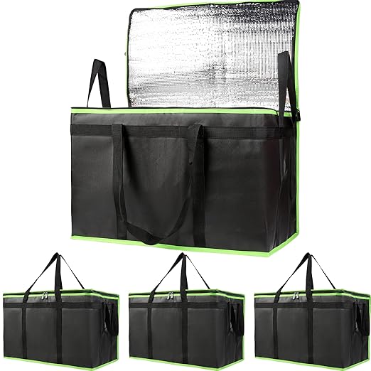 Bodaon 4-Pack Cooler Insulated Food Delivery Bag for Doordash/Uber Eats, XXX-Large Thermal Bags for Catering/Hot Pizza, Travel/Camping/Picnic Basket，Grocery Reusable Warmer Frozen, Black-Green Edge