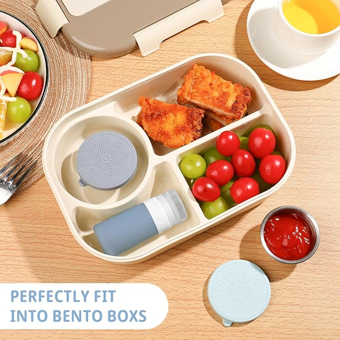 8-Pack Salad Dressing Container To Go, 2-oz Silicone Small Condiment Squeeze Bottles and 1.6 oz Stainless Steel Sauce Containers Cups, Leakproof Condiment Containers with Lids for Lunch Box