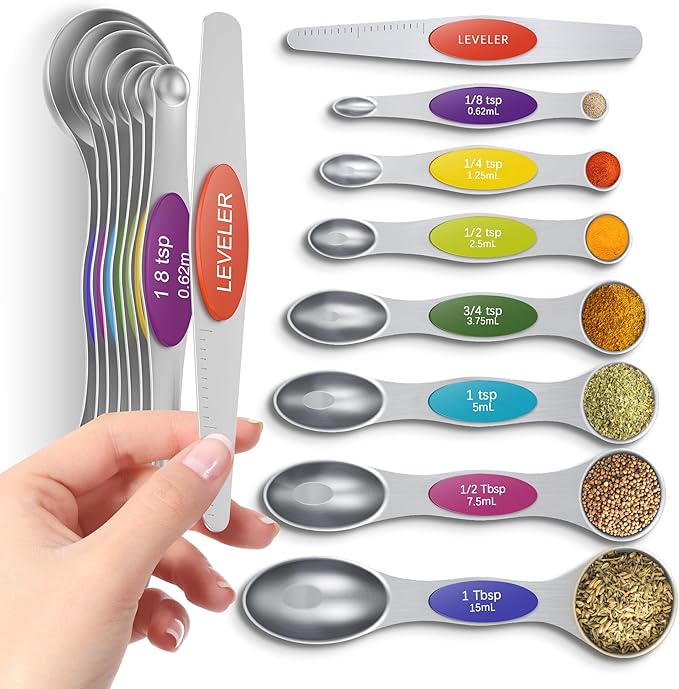 Magnetic Measuring Spoons Set Of 8, Heavy Duty 304 Stainless Steel Metal, Fits in Most Kitchen Spice Jars for Baking & Cooking, BPA Free,Measuring Dry & Liquid Ingredients (Light Colorful)