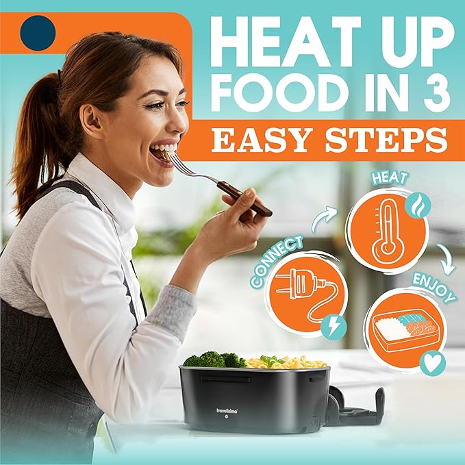 TRAVELISIMO Electric Lunch Box for Adults 80W Heated Lunch Box For Men 1.5L Stainless Steel Portable Food Warmer, 12/24/110V Electric Food Warmers for Travel & Work, Loncheras Para Hombres de Trabajo