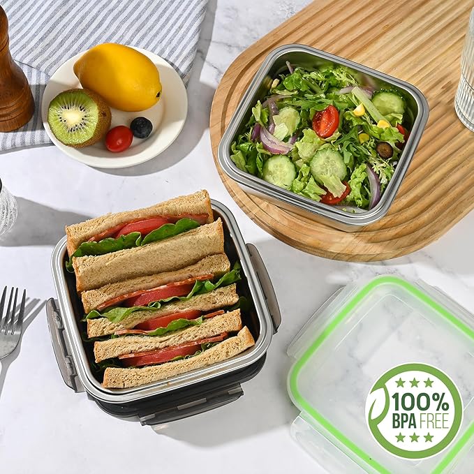 6 Pack Stainless Steel Food Storage Containers with Leak-Proof Lids, 2 Sets (12/24/40 oz) Reusable Metal Meal Prep Lunch Boxes, BPA-Free, Dishwasher Safe for Sandwich, Snacks & Fruit (Black)