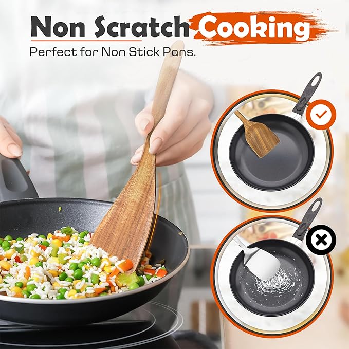 2 Pcs Wooden spoons for cooking,(Spatula & Fried Spatula). Teak wood kitchen utensils set, Long handle frying turner, Non-stick and non-scratch spurtle for backing, frying and cooking.