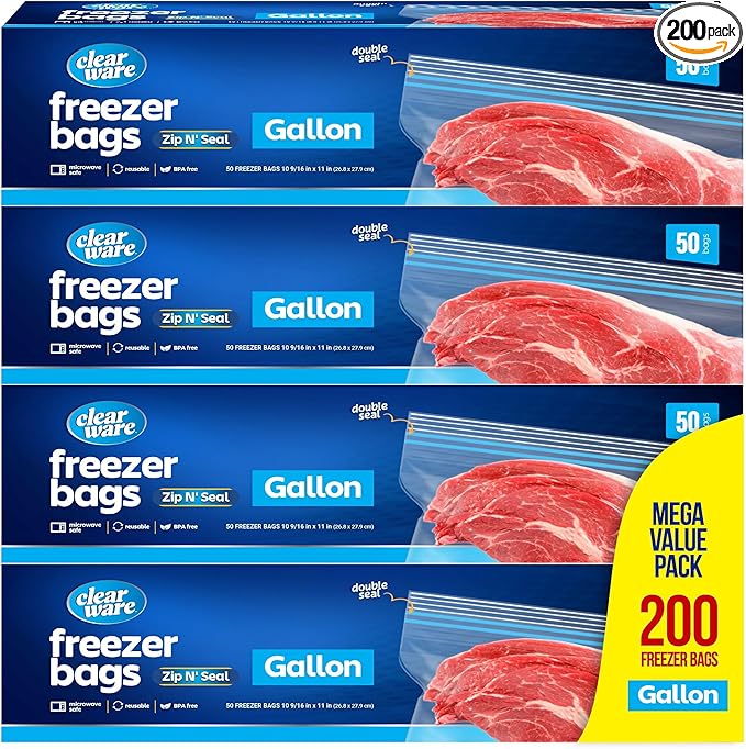Gallon Freezer Bags, Double Zipper Seal - 200 Count, (4 Packs of 50) Thick Plastic Storage Bags - Reusable Gallon Storage Bags for Food Storage, Meat, Vegetables, Fruit - Microwave-Safe, BPA Free