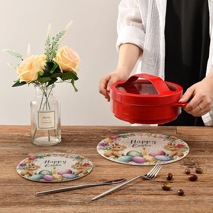 Watercolor Easter Wreath Bunnies Kitchen Trivets Pot Holders Set of 2, Trivets for Hot Pots Dishes Woven Trivet Coaster Pad Mat for Counter