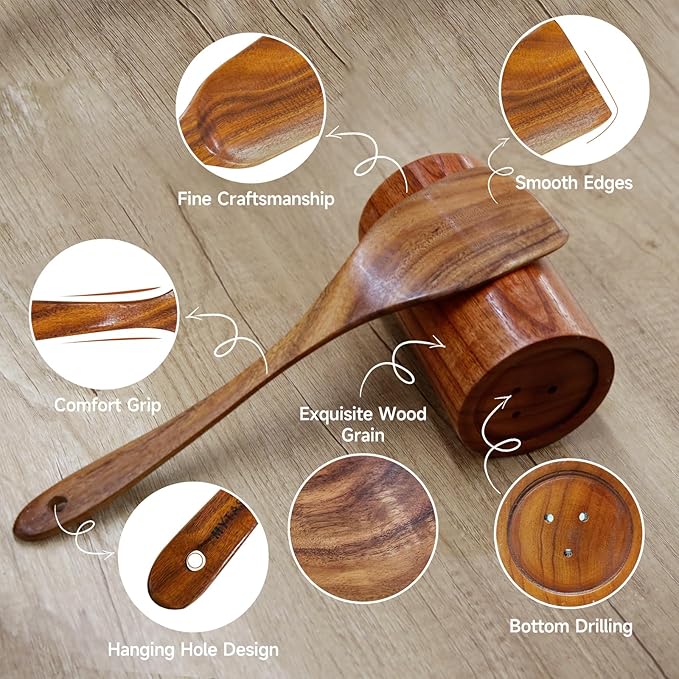 4 Pcs Wooden Spoons for Cooking-Non Scratch Cooking Utensil Set Natural Solid Wood Material Teak Wooden Kitchen Utensil Set-Spatulas，Fried Spatula，Slotted Spatula，Ladle