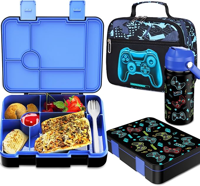 Bevalsa Kids Bento Lunch Box with 6 Compartment, Stainless Steel Metal Water Bottle, Insulated Bag & Utensils, BPA-Free Leakproof Food Container for School Boys Girls, Back To School Gift