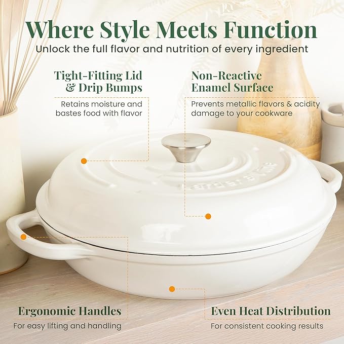 Larder & Vine Enameled Cast Iron Braiser | 3.6 qt Braiser Pan with Lid | Shallow Dutch Oven Compatible on All Cooktops | Casserole Dish Oven Safe to 500° F | Dual Handles | White