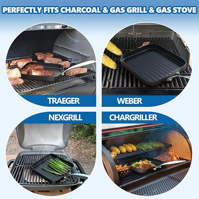 SafBbcue Square 11” Ridged Grill Pan - Non-Stick Ceramic Coated, Durable Skillet Indoor & Outdoor Grilling, Oven Gas & Induction Safe, for Weber Charbroil Camp Chef Grill, Black