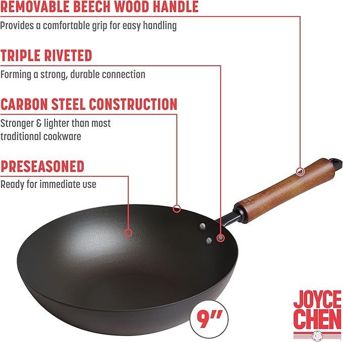 JOYCE CHEN Classic Series 9.5-Inch Preseasoned Carbon Steel Stir Fry Pan