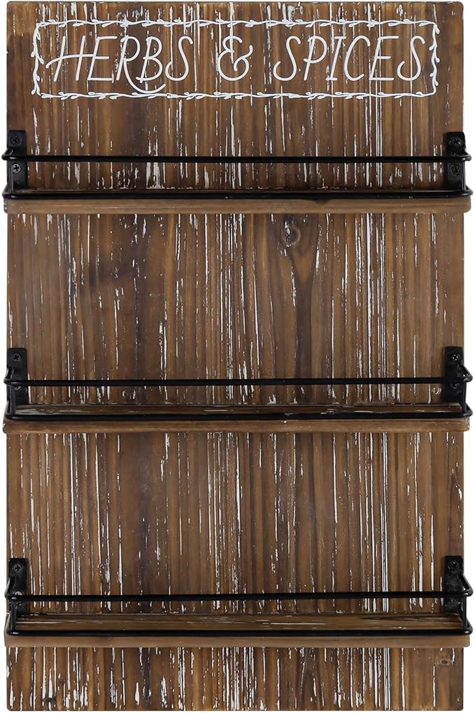 Farmhouse Wall Mount Spice Rack, Brown Wooden 3-Tier Shelf Organizer, Kitchen Pantry Wall-mounted Space Saving Storage Holder for 18 Jars