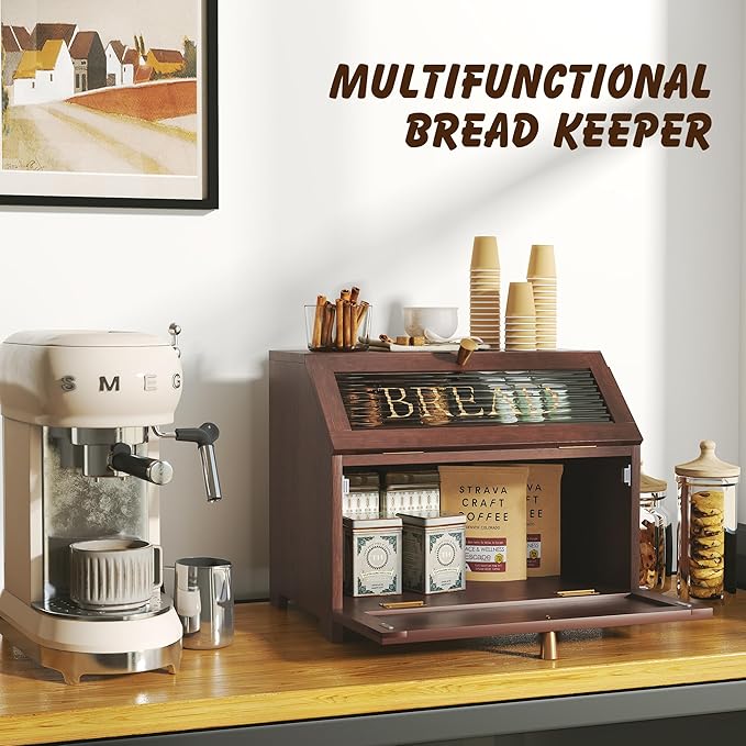 Double Layer Bread Box With Golden Trim for Countertop, Wooden Bread Container for Kitchen Counter, Corner Bread Storage, Brown