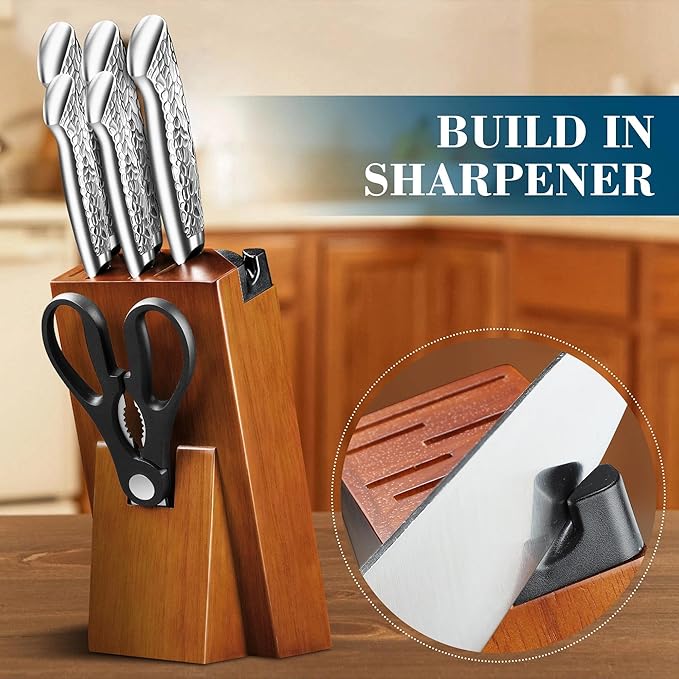 DRAGON RIOT Knife Set with Wood Block - Stainless Steel Kitchen Knives Block Set with Built in Sharpener, Dishwasher Safe, Non-Slip Ergonomic Handle - Gift for Men Women and Housewarming