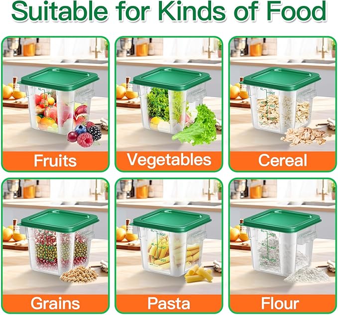 4 pcs 6qt Food Storage Containers with Lid, Square Clear Commercial Storage Containers with Handle and Scale for Food Storage in Home Kitchen & Dining (Green)