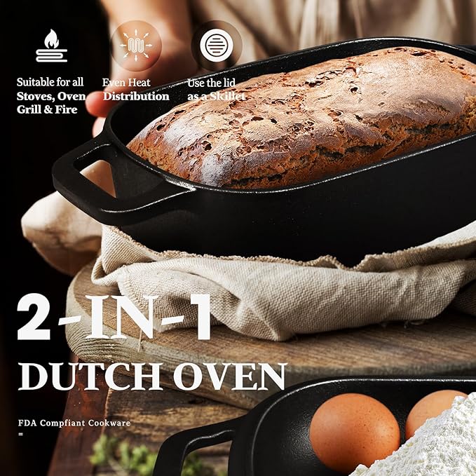 Cast Iron Loap Pan, 3.6QT Oval Dutch Oven for Bread Baking, Pre-Seasoned Sourdough Baking Supplies Kit, Cast Iron Dutch Oven with Lid for Homemade Bread, Sourdough Bread Pan