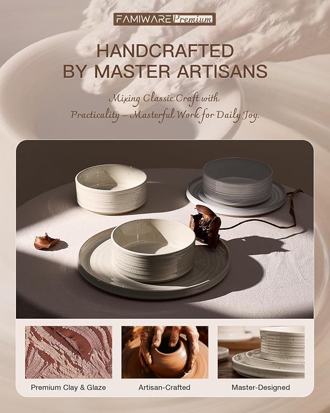 Stoneware Dinnerware Sets, Dish Set for 4, 12 Pieces Spiral Dishware Set with Straight Rim, Speckles & Reactive Glaze - Microwave and Dishwasher Safe Tableware, White