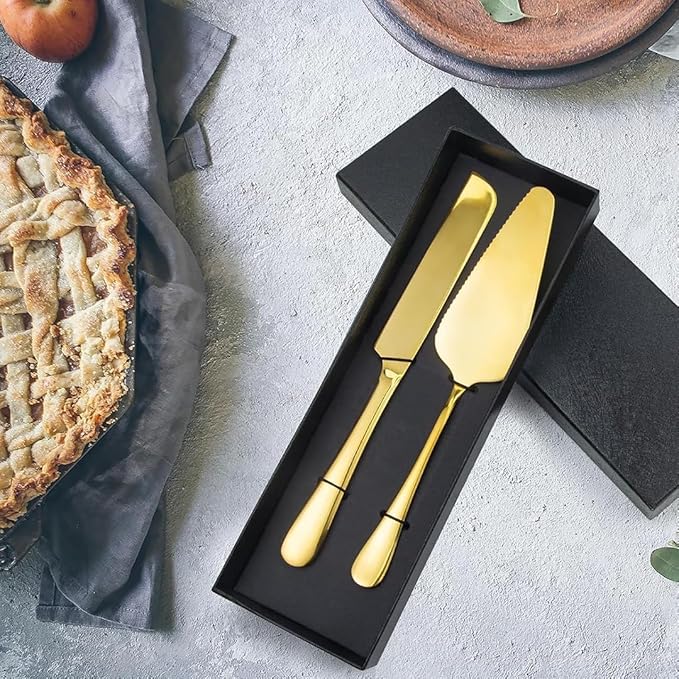 Pie Server and Cake Server Stainless Steel Set - Serrated Spatula with Elegant Ergonomic Handles for Cutting and Serving Desserts, Brownies, Lasagna (Gold)