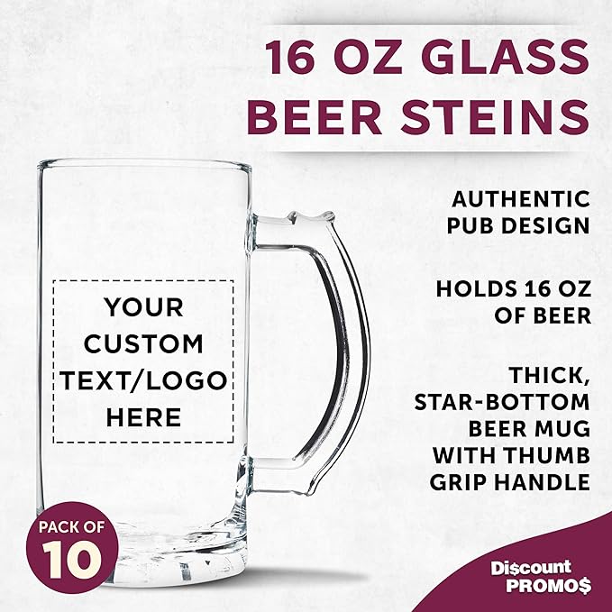 DISCOUNT PROMOS Custom Glass Beer Mug 16 oz. Set of 10, Personalized Bulk Pack - Great for Wedding Favors, Groomsmen Gifts, Birthday Gifts - Clear Bottom Color