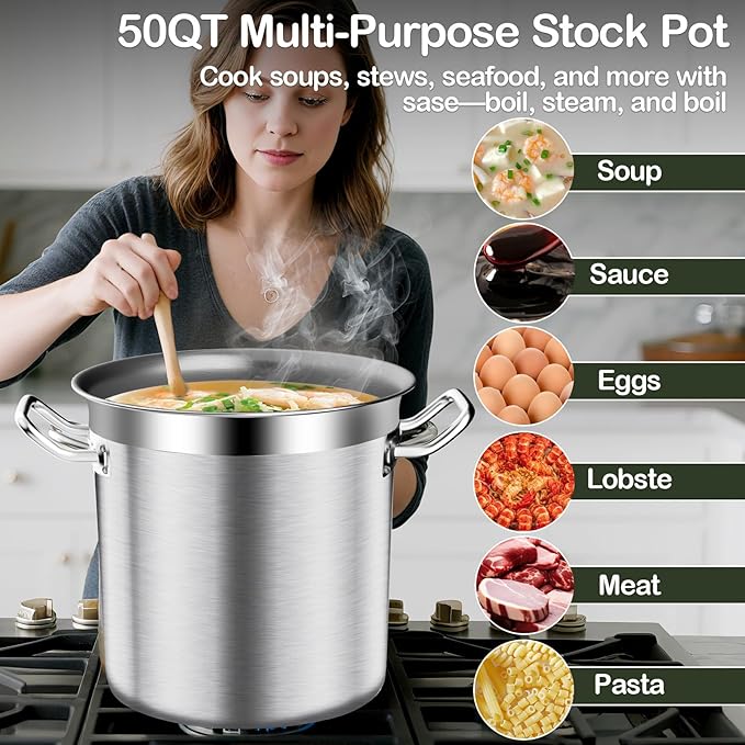 Stainless Steel Stockpot – 50QT Stock Pot with Lid, Heavy-Duty Tri-Ply Bottom Cooking Pot for Canning, Boiling Beer Brewing, Soup, Seafood Boil – Satin Finish Stainless Steel Soup Pots