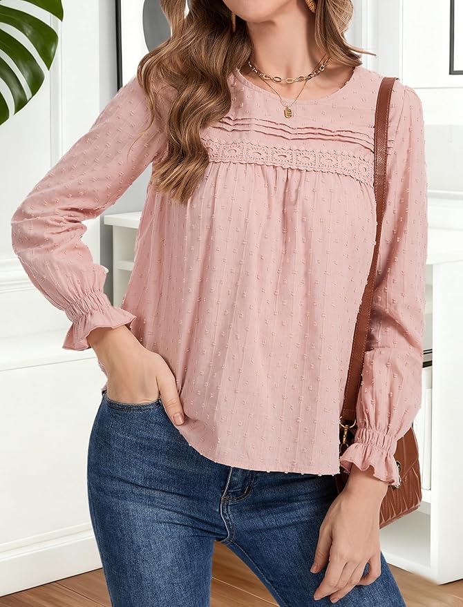 Long Sleeve Shirts Women Dressy Blouses for Women Cute Crew Neck Fall Tops Trendy Women's Clothing 2025 Fashion