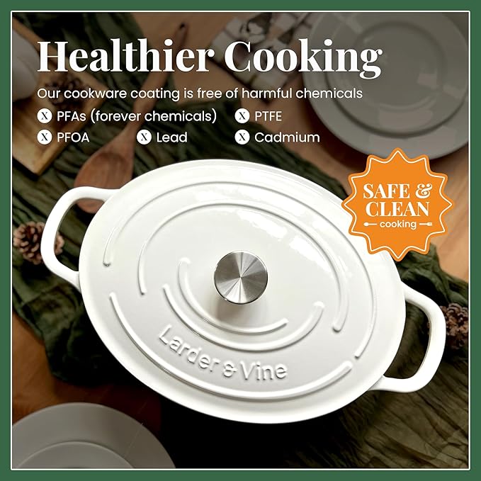 Larder & Vine Enameled Cast Iron 8 qt Dutch Oven Pot with Lid | Bread Baking | Compatible on All Cooktops & Oven Safe to 500° F | Great for Sourdough Bread | White