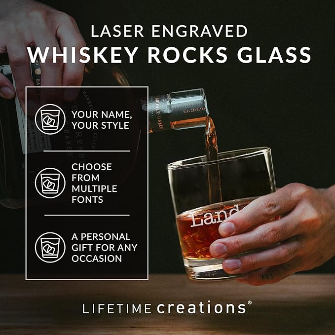 Lifetime Creations Engraved Personalized Name Whiskey Glass 10.5 oz - Old Fashioned Rocks Glass with Name, Monogrammed Scotch Glass Groomsmen Gift, Dishwasher Safe, Made in USA