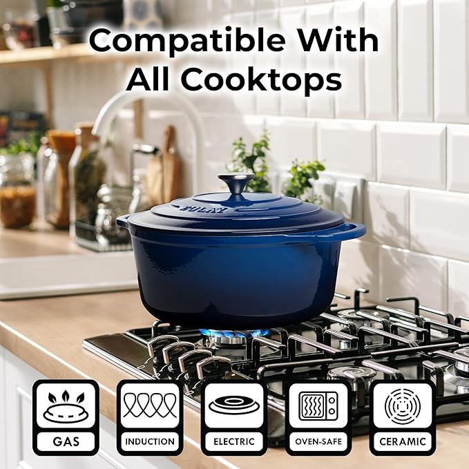 Zulay Kitchen 6 Quart Enameled Cast Iron Dutch Oven Pot with Lid – Premium Durability & Oven Safe up to 500°F – Heavy Duty Cookware Perfect for Bread Baking, Stews, Braising & Roasting – Blue