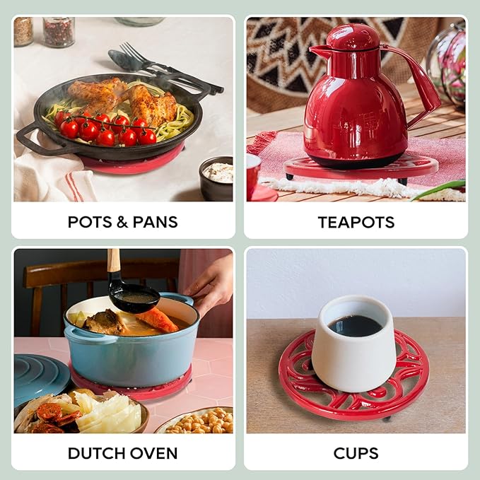 JOGREFUL Cast Iron Trivet Mats, Kitchen Pot Holders to Portect Table/Countertops, Heat Resistant Mats for Teapot/Hot Dishers/Plates, Vintage Mats with Weighted-Base, Vine Pattern, Red