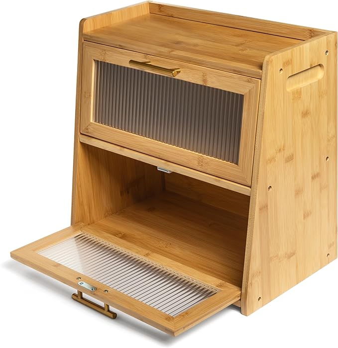 Extra Large Bamboo Bread Box for Kitchen Countertop, Dual-Layer Breadbox Provides Double the Bread Storage Space, Holds Multiple Loaves, Durable & Beautiful with Frosted Acrylic Panels