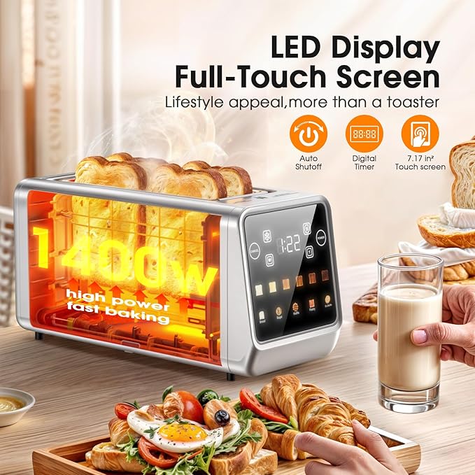 4 Slice Toaster with Smart Digital Touchscreen & 1-Touch Memory | Stainless Steel Long Extra-Wide Slot for Bagels & Artisan Bread | Single-Slice Defrost and Reheat Modes