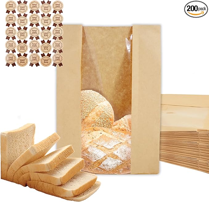 200 Brown Paper Bags With Window and Sealing Stickers - Sturdy Square Bottom Grocery Kraft Bags for Shopping, Lunch, Gift, Easy Packing Sandwiches and Bagels - Reusable Disposable Sourdough Bread