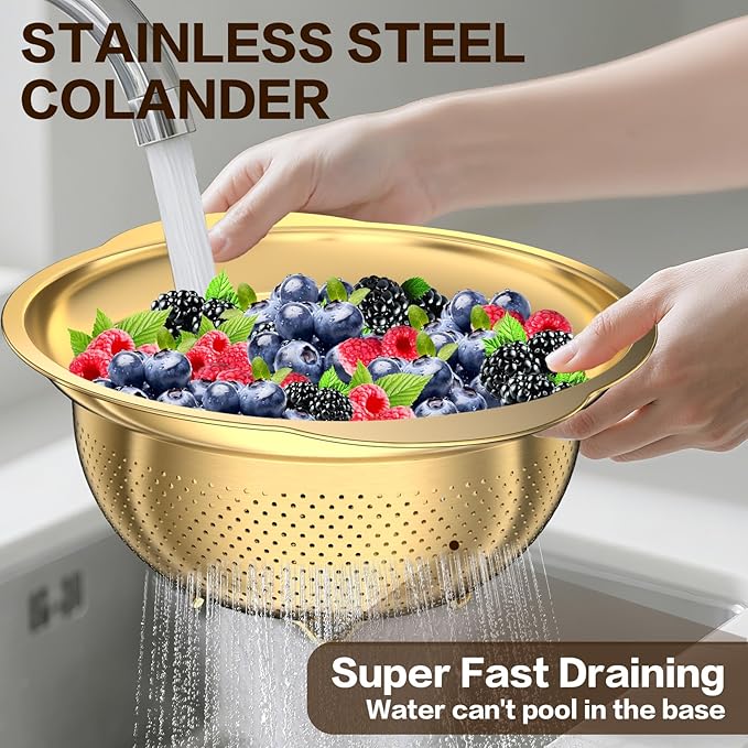 Stainless Steel Strainers for Kitchen, Stainless Steel Colander, Kitchen Strainer for Pasta Fruits Vegetables, 3 Pack Strainers and Colanders(2QT, 3QT, 5QT), Rust-Proof & Dishwasher Safe, Gold