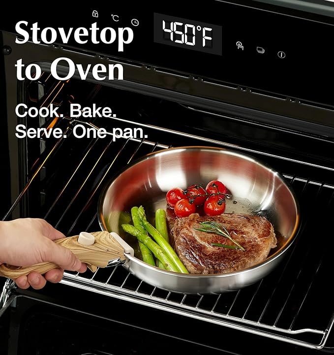 KOCH SYSTEME CS Stainless Steel Frying Pan Set, 18/10 Stainless Steel Pan Set with Stylish Removable Handles, Tri-Ply Steel Base, Save 75% Space, Induction Compatible Skillets, 8" & 9.5" & 11"