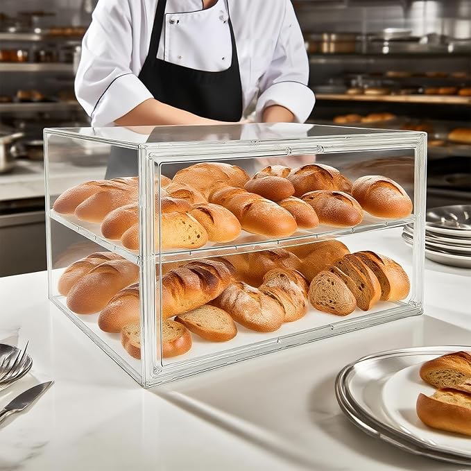Extra Large 19.7"X14.6"X11.6" Clear Bread Box for Kitchen Counter, Acrylic Pastry Display Case Stackable Storage Container Plastic Bakery Display Case with Magnetic Door