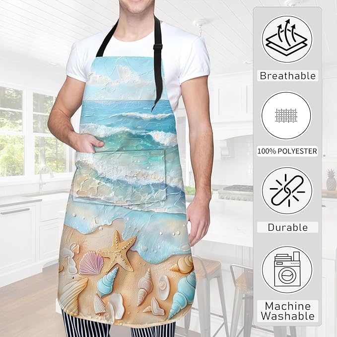 Beach Scene Apron,Oxford Fabric Adjustable Kitchen Apron with 2 Pockets,Waterproof Cooking Aprons for Men Women Mom Wife Dad,Ideal Gifts for Coffee House,Shop,Baking,BBQ,Housewarming,28x33in