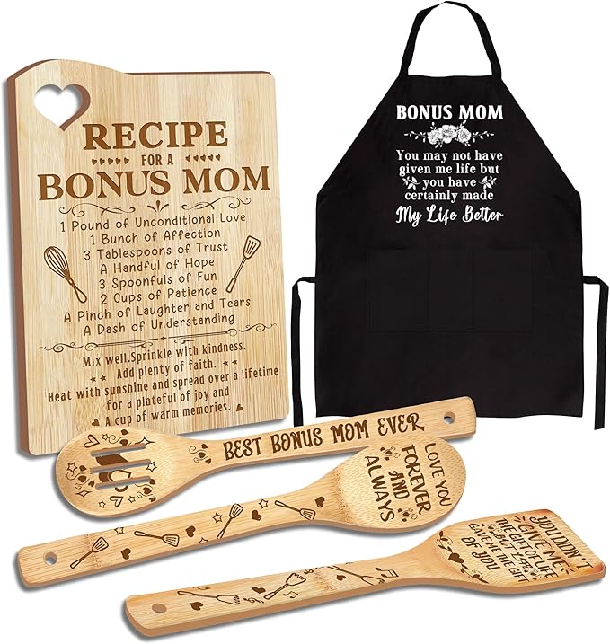 Christmas Bonus Mom Gifts, Bonus Mom Gifts from Bonus Daughter, Bonusmom Wooden Cutting Board Utensils Set with Apron, Great Birthday Xmas Mother's Day Present