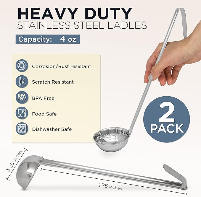 Fit Meal Prep Stainless Steel Soup Ladle - One-Piece Sauce Spatula with Hook Handles, Commercial Grade Serving Spoon, Kitchen Tool for Restaurant or Home Cooking, 13.75” Long - [Pack of 2] 4 Oz