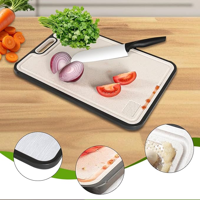 A DURA Titanium Cutting Board with Double-Sided Design - Pure Titanium, Wheat Straw PP, Juice Groove Garlic, Grinding Zone Chopping Board for Meat, Vegetables & Fruits, Dishwasher Safe, Easy to Clean,