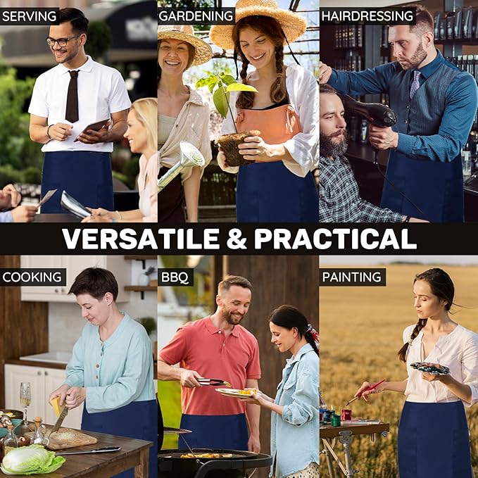 3 Pack Waist Apron with 3 Pockets, Unisex Black Waiter Aprons, Water Resistant Server Aprons for Restaurant Chef Bar