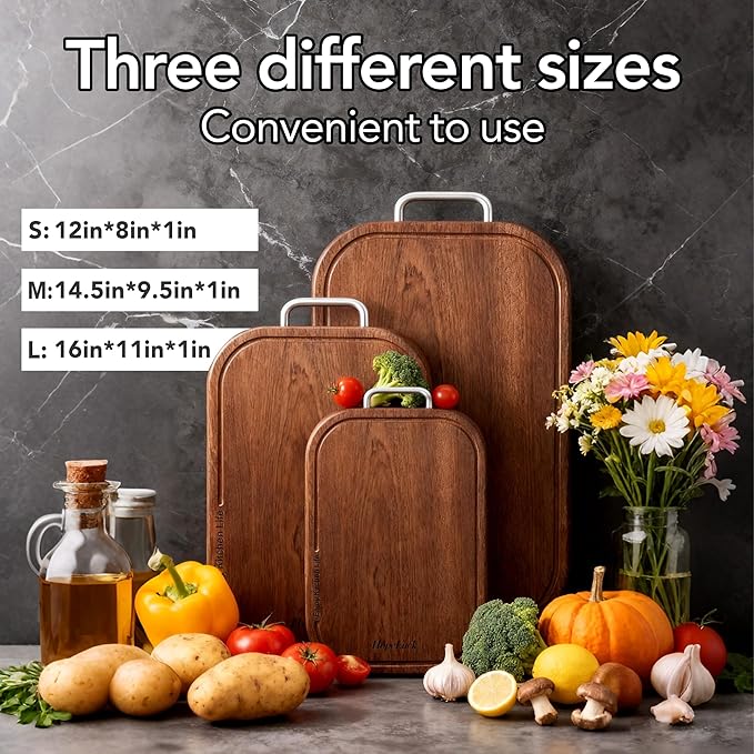 3Pack Wood Cutting Board, Solid Ebony Wooden Cutting Boards for Kitchen, Double-Sided Butcher Block with Juice Groove, Non-Slip Feet, 1" Thick Chopping Board for Meat And Vegetables