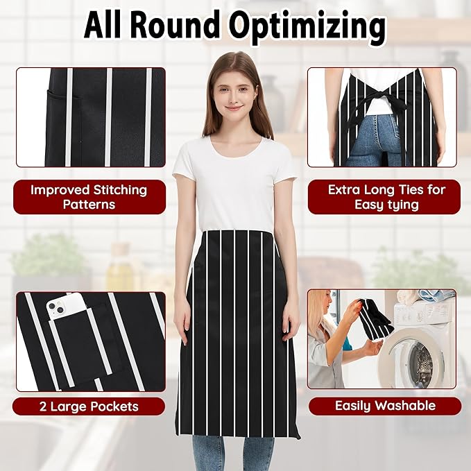 3 Pack Waist Apron with 3 Pockets, Unisex Black Waiter Aprons, Water Resistant Server Aprons for Restaurant Chef Bar